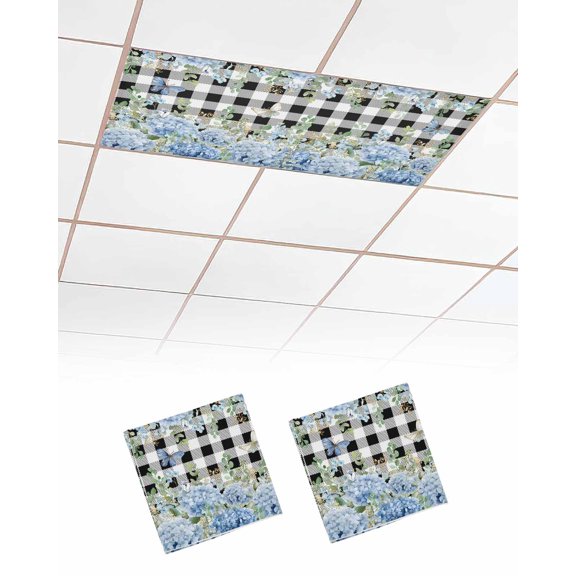 2 Pack Fluorescent Light Cover for Ceiling Lights, Blue Hydrangea Magnetic Classroom Light Filters 4x2 Feet, Spring Summer Eucalyptus Black Checkered Decorative Ceiling Shade Panel for Office