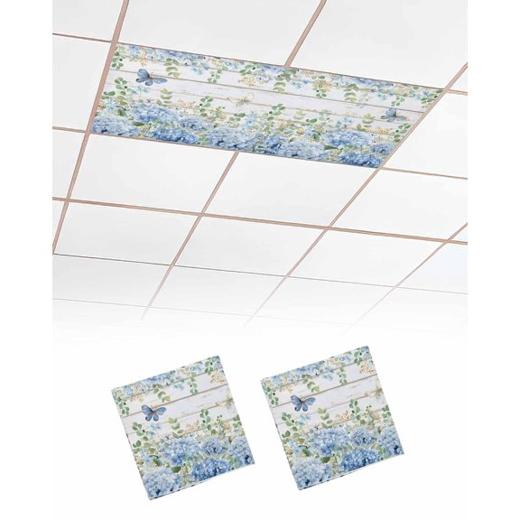 2 Pack Fluorescent Light Cover for Ceiling Lights, Blue Hydrangea Magnetic Classroom Light Filters 4x2 Feet, Spring Summer Eucalyptus Wooden Decorative Ceiling Shade Panel for Office
