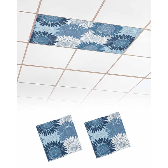 2 Pack Fluorescent Light Cover for Ceiling Lights, Blue Sunflowers Magnetic Classroom Light Filters 4x2 Feet, Flowers Modern Abstract Art Decorative Ceiling Shade Panel for Office