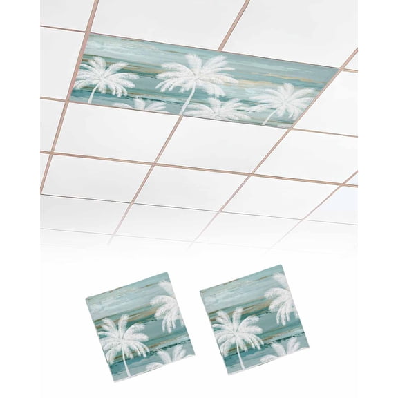 2 Pack Fluorescent Light Cover for Ceiling Lights, Summer Palm Trees Magnetic Classroom Light Filters 4x2 Feet, Tropical Turquoise Shabby Abstract Art Beach Decorative Ceiling Shade Panel for Office