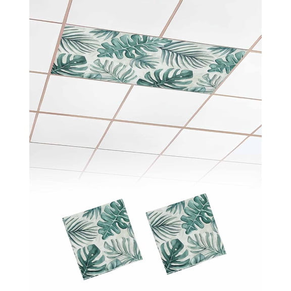 2 Pack Fluorescent Light Cover for Ceiling Lights, Turquoise Monstera Deliciosa Magnetic Classroom Light Filters 4x2 Feet, Summer Botanical Tropical Decorative Ceiling Shade Panel for Office