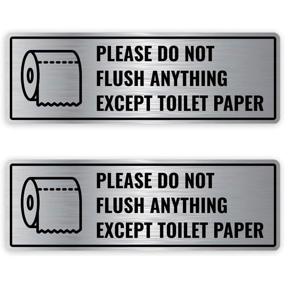 2 Pack Do Not Flush Anything Except Toilet Paper Sign, 8 x 12 Inches - Brushed Silver Aluminum - Metal Tin SignNo Feminine Products Please Do Not Flush Sign For Bathroom/Without a frame