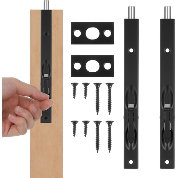 2 Pack Flush Bolt for Double Door, 8 Inch Stainless Steel French Door Lock with Three-Hole Plate and Screws, Flush Latch Bolts for Inactive Leaf Wood Double Dummy Doors(Black)