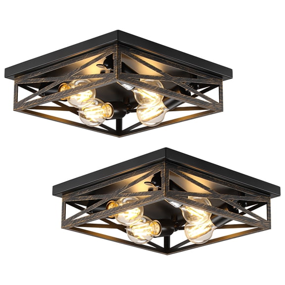 2 Pack Flush Mount Ceiling Light, Modern Farmhouse Light Fixture,Industrial Square Metal Cage Ceiling Light for Kitchen, Hallway E26 Base(13in)