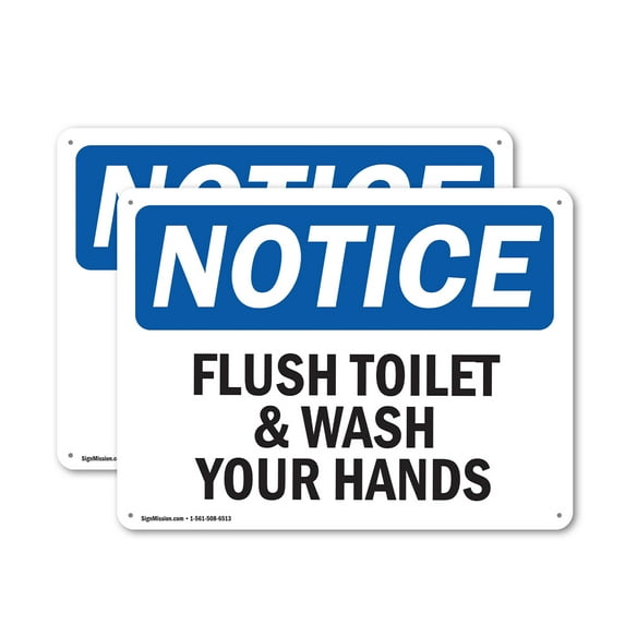 (2 Pack) Flush Toilet And Wash Your Hands OSHA Notice Sign 24 Inch X 18 Inch Indoor / Outdoor Rust-Free Aluminum Metal Signs for Workplace, Workshop, and Construction Site, Made in the