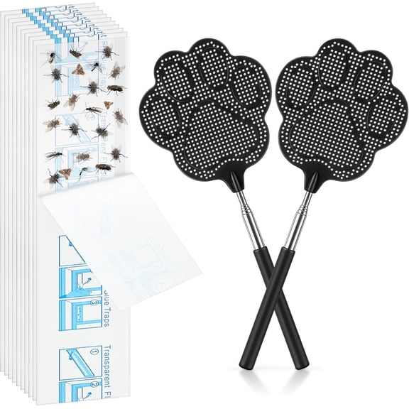 2 Pack Fly Swatter for Indoors with 10 XL Window Fly Traps, Retractable Flyswatter with Stainless Steel Handle, Heavy Duty Flyswatter Manual for House, Kitchen and Outdoors