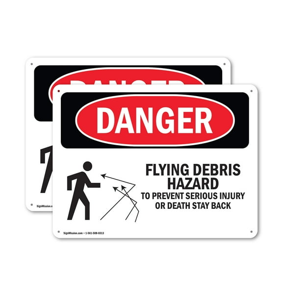 (2 Pack) Flying Debris Stay Back OSHA Danger Sign 18 Inch X 12 Inch Indoor / Outdoor Rust-Free Aluminum Metal Signs for Workplace, Workshop, and Construction Site, Made in the USA