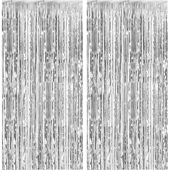 Silver Metallic Foil Curtain Backdrop, Tinsel Foil Fringe Curtains, 2 Pack