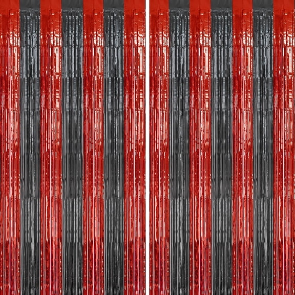 2 Pack Foil Fringe Backdrop - Red&Black Shiny Tinsel Curtains for Party Decoration/Photo Booth Props - 3.3x6.6 FT Metallic Foil Backdrop for Birthday, Wedding, Graduation, Christmas.