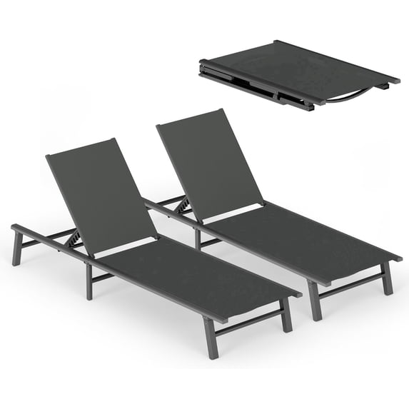 2-Pack Foldable Aluminum Patio Chaise Lounge, 5-Position Pool Chair, Gray