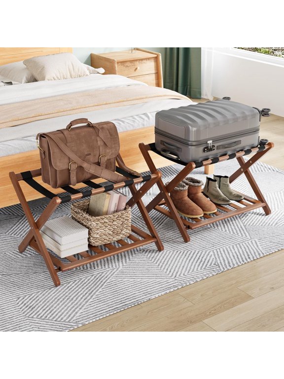 2-Pack Foldable Bamboo Luggage Racks with Lower Shelf and 5 Nylon Straps, Fully Assembled Suitcase Stands for Guest Room, Bedroom and Hotel, Walnut