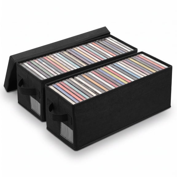 2 Pack Foldable CD DVD Blu Ray Storage Boxes with Reinforced Handle & Dustproof Sealed Lid, Wear Resistant Multipurpose Media Disc Organizer for Home Storage