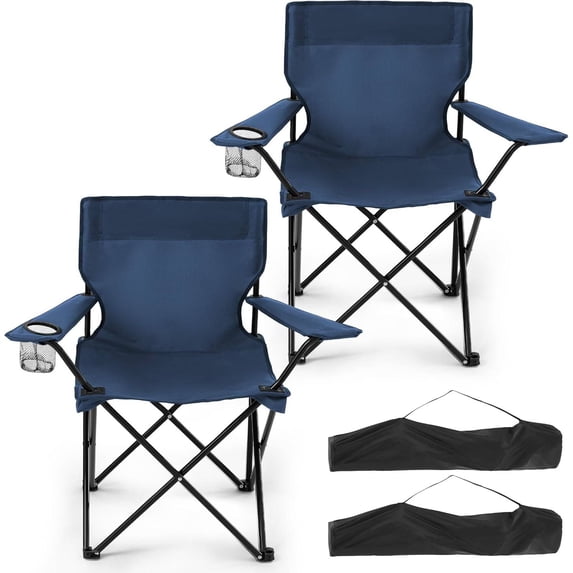2-Pack Foldable Camping Chairs with Cup Holder, 300LB Lawn Portable Folding Chairs for Adults, Lightweight Outdoor Beach Chairs with Carry Bag for Camp, Fishing, Sports (Navy)