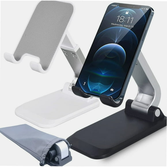 2-Pack Foldable Cell Phone Stand for Desk, Portable Phone Holder iPhone Stand with Storage Bag, Height & Angle Adjustable Desktop Phone Cradle Mount Dock iPad Stand Tablet Holder