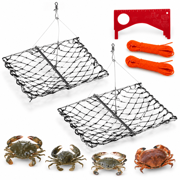 2 Pack Foldable Crabbing Net with Bait Clip and Measuring Gauge for Blue Dungeness Crabs