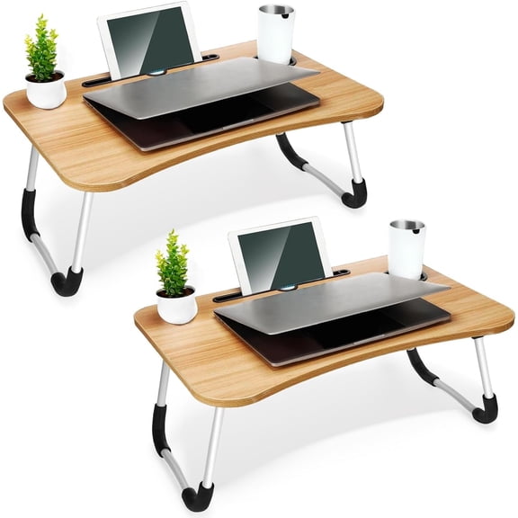 2 Pack Foldable Laptop Table, Breakfast Serving Bed Tray, Lap Desk with Foldable Leg & Tablet Phone Groove & Cup Slot for Reading Writing Eating on Bed Couch Sofa Floor - Beige