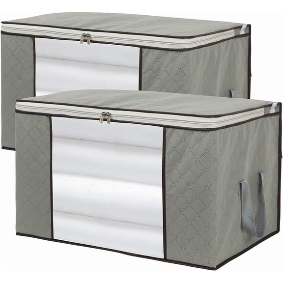 2 Pack Foldable Large Storage Bags 24 x 16 x 14 (L x W x H) inch for Comforter Quilt Blanket Clothes with Clear Window & Handles - Easy to Fit King Size Comforter Set - Closet Under Bed Organizer