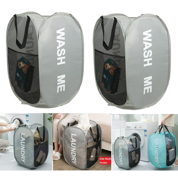 2 Pack Foldable Mesh Laundry Basket with Carry Handles, Portable Collapsible Dirty Clothes Hampers for Laundry, Bathroom, Dorm, Travel Square Clothes Toy Storage Bin, Light Gray