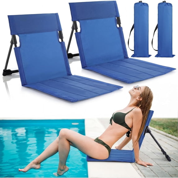 2 Pack Foldable Poolside Beach Chairs with Back Support and Carry Bag Navy Blue