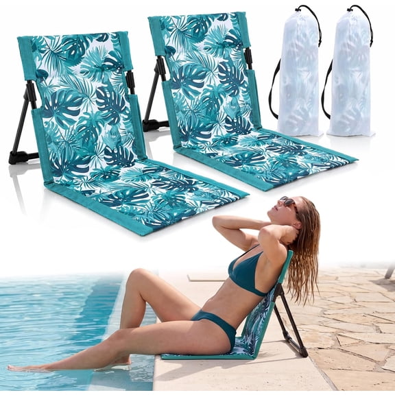 2 Pack Foldable Poolside Chairs with Carry Bags Style Monstera Palm Leaf