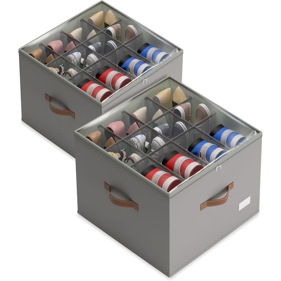 2 Pack Foldable Shoe Organizer Storage Bins with Clear Cover and Sturdy Handles, Closet Shoe Storage Box for Sneakers, Heels, Slippers, Space Saving Shoe Rack Grey
