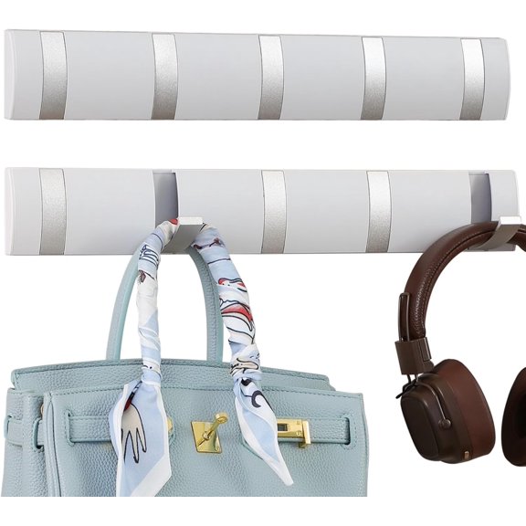 2 Pack Foldable Stylish Modern Hook Rack with 5 Hooks, Coat Hooks Wall Mount, Metal Coat Hook Rail for Coat Hat Towel Purse Robes Mudroom Bathroom Entryway (White and Silver)