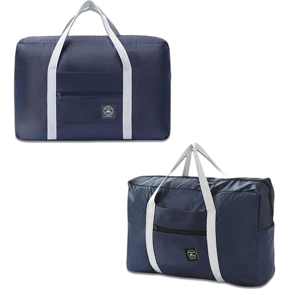 2 Pack Foldable Travel Duffel Bag with Trolley Sleeve, Lightweight Collapsible Luggage Bags for Traveling, Folding Over Night Bag, Carry on Weekender Bags for Women Men Clearance (Blue)