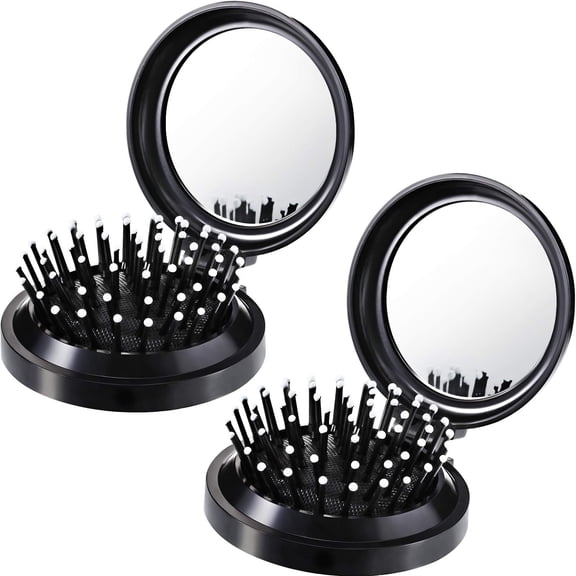 2 Pack Foldable Travel Mirror Hair Brushes Round Portable Folding Pocket Hair Brush Mini Comb Compact Travel Size Massage Comb for Men Women(Black,Round)