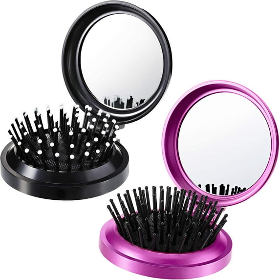 2 Pack Foldable Travel Mirror Hair Brushes Round Portable Folding Pocket Hair Brush Mini Hair Comb Compact Travel Size Hair Massage Comb for Men Women and Girls