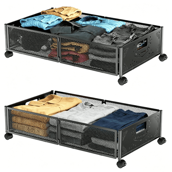 2-Pack Foldable Under-Bed Storage Containers with Wheels - Drawer-Type Organizer for Bedroom Clothes, Shoes, and Blankets, Black