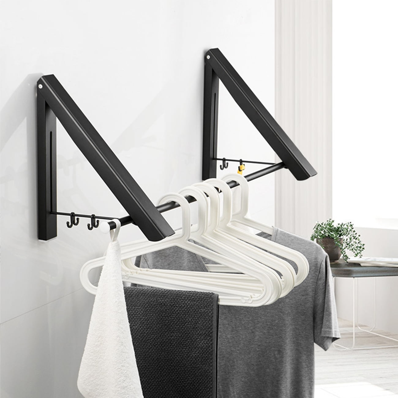 2 Pack Foldable Wall Mounted Drying Rack with 80CM Extension Rod Heavy Duty Aluminum Telescopic Clothes Hanger for Laundry Room Organisation Storage Drying Hanging Clothes with Drying Rod Black Walmar...