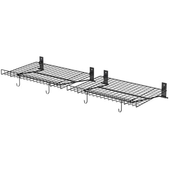 2 Pack Foldable Wall Shelf, Wall Mounted Garage Storage Shelves, Heavy Duty Wall Shelving Supports Up To 90 LBS. Floating Shelves With 4 Hooks Metal Storage Rack for Office