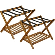 2 Pack Folding Bamboo Luggage Rack with Storage Shelf 150 lb Suitcase Stand for Bedroom and Hotel