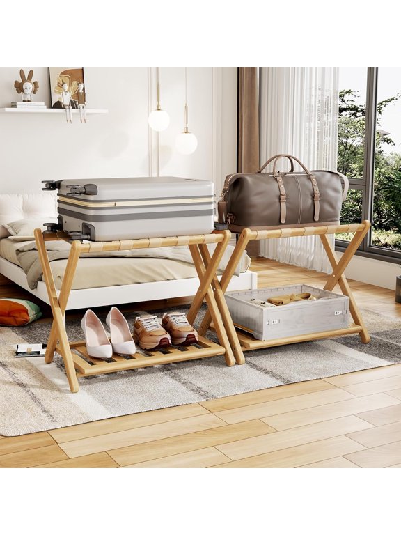 2-Pack Folding Bamboo Luggage Racks, Fully Assembled Suitcase Stands with 2-Tier Storage Shelves, 165 lb Upper and 110 lb Lower Capacity, Natural