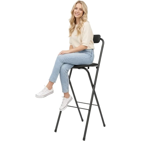 2-Pack Folding Bar Stool with Backrest, 30-Inch Tall Metal Frame Portable Stool for Kitchen, Cafe, or Shop (Black)