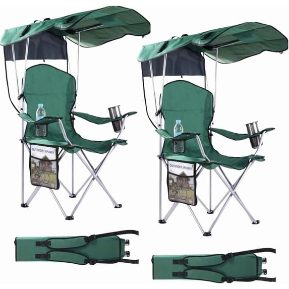 2 Pack Folding Camping Chairs with Canopy Shade, Beach Chair for Adults, Durable Weather Resistant 600D Oxford Cloth, Camping Chair with Canopy for Outdoors,Green