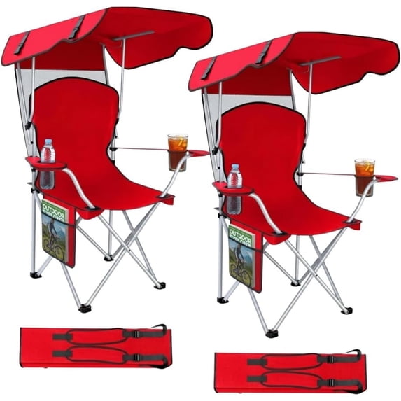 2 Pack Folding Camping Chairs with Canopy Shade, Beach Chair for Adults, Durable Weather Resistant 600D Oxford Cloth, Camping Chair with Canopy for Outdoors,Red