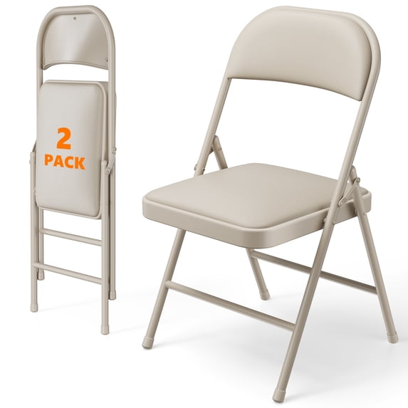 2 Pack Folding Chairs with PU Leather Padded Cushion and Back, Stackable Commercial Grade Metal Folding Chairs for Home and Office Indoor and Outdoor Events (Khaki)