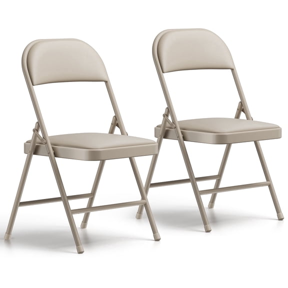 2 Pack Folding Chairs with PU Leather Padded Cushion and Back, Stackable Commercial Grade Metal Folding Chairs for Home and Office Indoor and Outdoor Events (Khaki)
