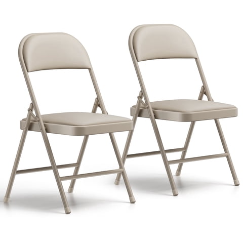 2 Pack Folding Chairs with PU Leather Padded Cushion and Back, Stackable Commercial Grade Metal Folding Chairs for Home and Office Indoor and Outdoor Events (Khaki)