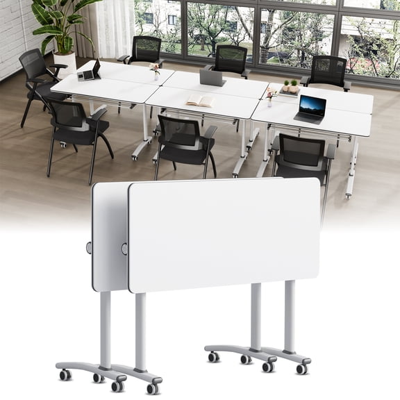 2-Pack Folding Conference Room Table with Wheels, Mobile Modular Training Meeting Table for Classroom Office (white 2PCS)