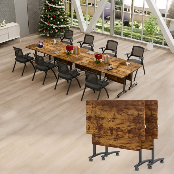 2 Pack Folding Conference Table, 61 Inch Mobile Training Table with Wheels,Business Style Flip Top Seminar Tables for Small Office Meeting Room Classroom(Antique)