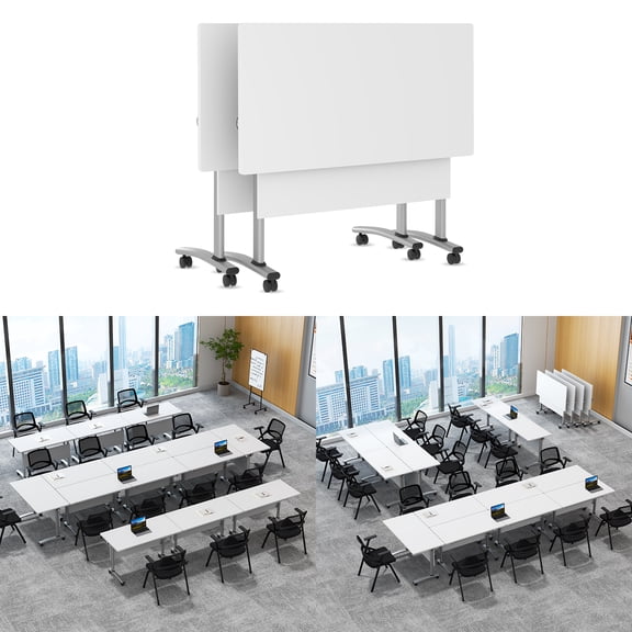 2 Pack Folding Conference Table, 61 Inch Mobile Training Table with Wheels,Business Style Flip Top Seminar Tables for Small Office Meeting Room Classroom（Silver Gray）