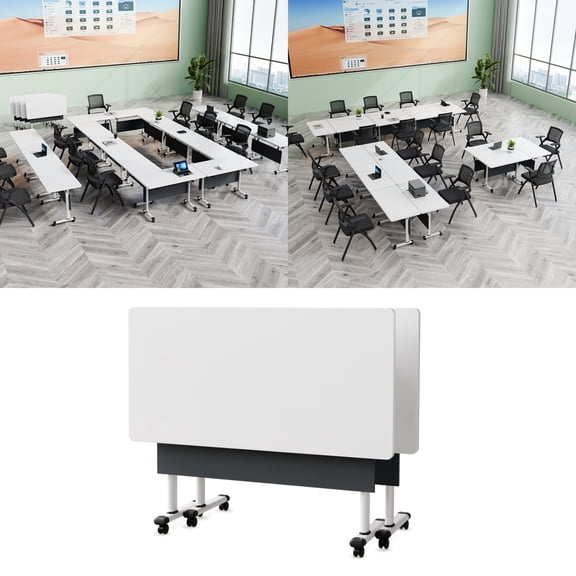 2 Pack Folding Conference Table, 61 Inch Mobile Training Table with Wheels,Business Style Flip Top Seminar Tables for Small Office Meeting Room Classroom（White Gray）