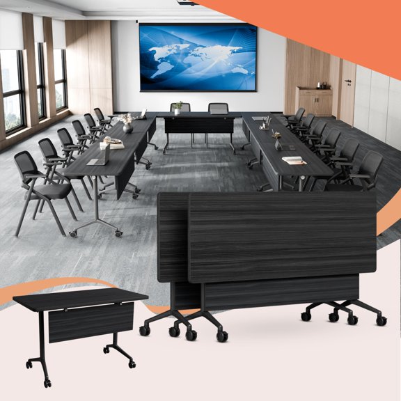 2 Pack Folding Conference Table with Wheels, Flip Top Mobile Conference Room Tables, Stackable Space-Saving Training Tables for Office, Classroom & Meeting Room(Ebony, 47.2in)