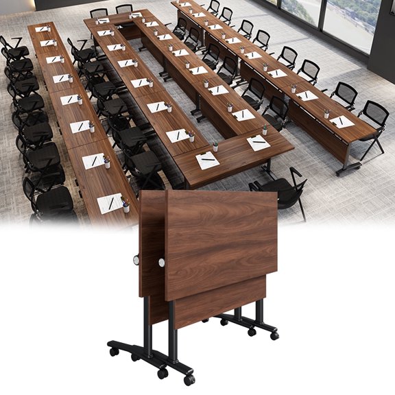 Folding Conference Table on Wheels 4FT Mobile Training tables for 2-4 People, Modular Seminar Meeting Table for Office, Classroom(Dark Walnut-47.2in)