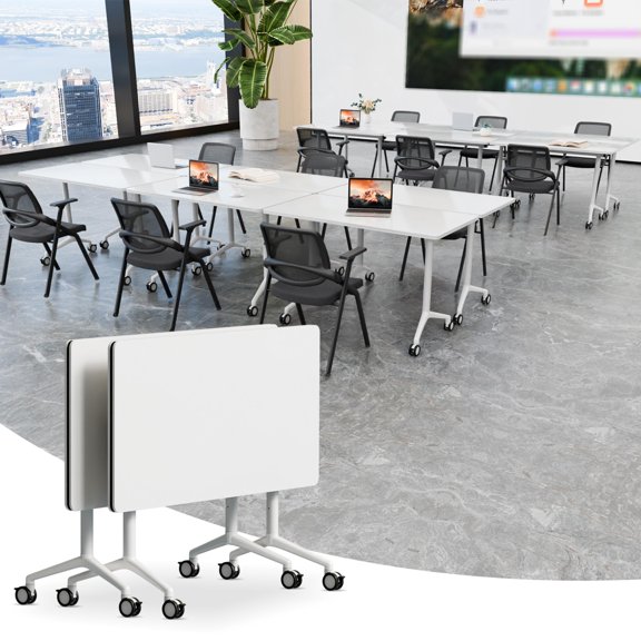 2 Pack Folding Conference Tables with Wheels,47.2in Flip Top Modular Conference Table,Space-Saving Training Table for Office Classroom Seminar(White)