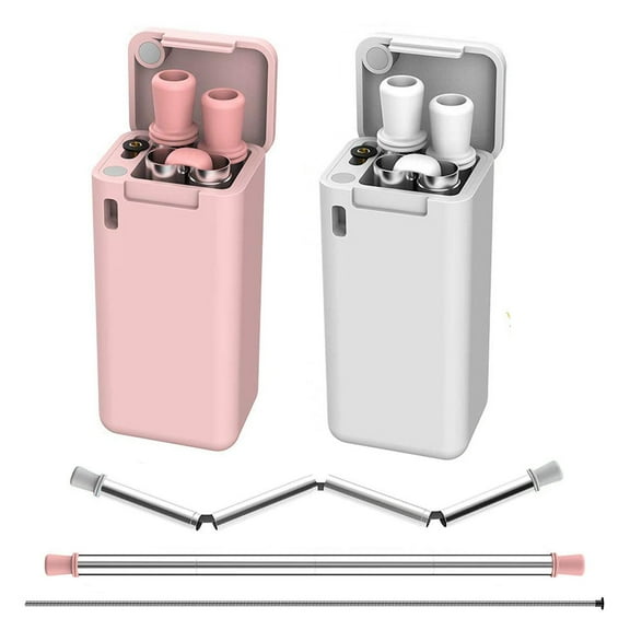 (2 Pack) Folding Drinking Straw Stainless Steel Collapsible Reusable Stainless Straw Drinking Straws Portable with Hard Case, White & Pink
