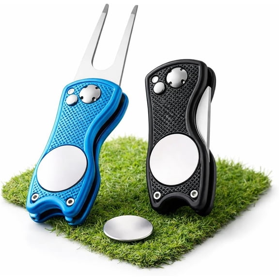 2 Pack Folding Golf Pitch Mark Repair Tool with Magnetic Ball Marker, Pocket Size Pop-Up Divot Repairer, Stainless Steel Forks, Lightweight Golf Green Repair Tool for Practice and Match Play
