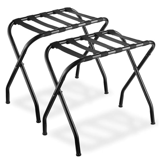 2-Pack Folding Luggage Rack Collapsible Metal Suitcase Stand with Durable Black Nylon Straps- for Bedroom, Guest Room, or Hotel (Black Steel)